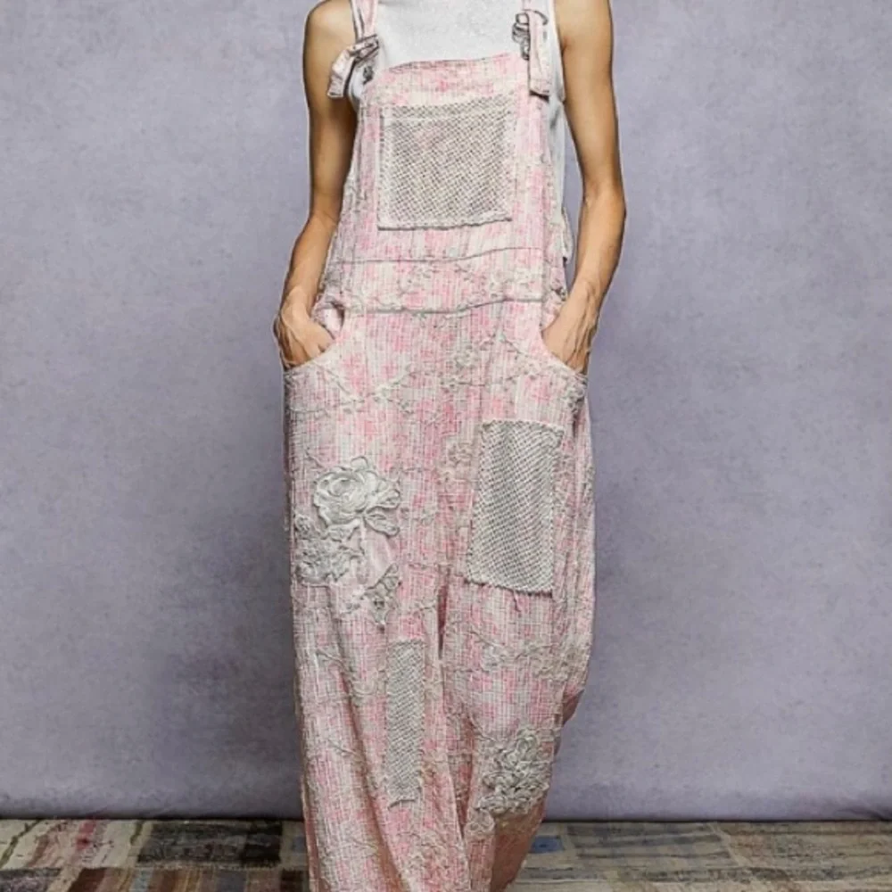 💕POL Overalls with Floral Embroidery and Patchwork Details. New without tags. - Picture 2 of 4